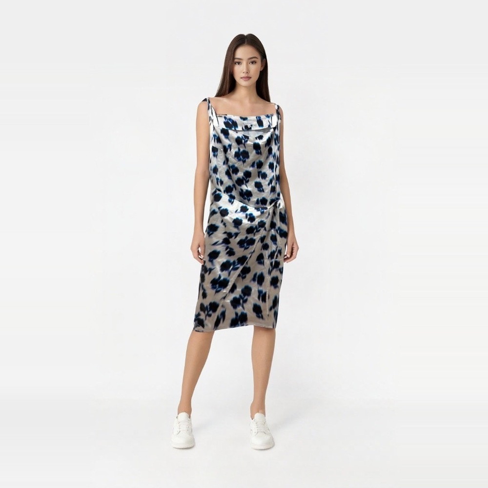 Topshop square neck wrap tie midi slip dress in blue flora‎ Size 10
